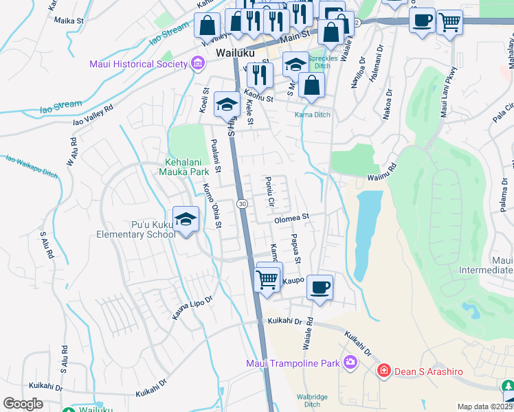 map of restaurants, bars, coffee shops, grocery stores, and more near 587 Akolea Street in Wailuku