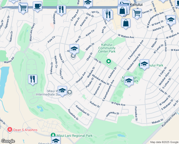 map of restaurants, bars, coffee shops, grocery stores, and more near 762 Molokai Akau Street in Kahului
