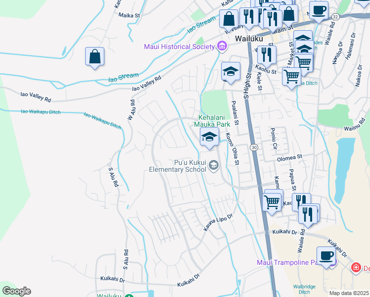map of restaurants, bars, coffee shops, grocery stores, and more near 91 Ka ʻIkena Loop in Wailuku