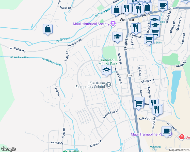map of restaurants, bars, coffee shops, grocery stores, and more near 87 Ka ʻIkena Loop in Wailuku