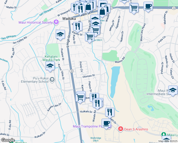 map of restaurants, bars, coffee shops, grocery stores, and more near 201 Poniu Circle in Wailuku