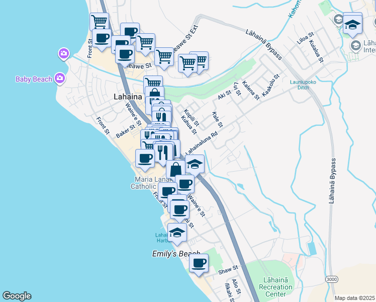 map of restaurants, bars, coffee shops, grocery stores, and more near 277 Lahainaluna Road in Lahaina