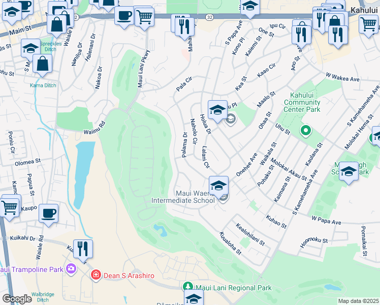 map of restaurants, bars, coffee shops, grocery stores, and more near 410 Naholo Circle in Kahului