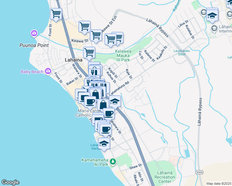 map of restaurants, bars, coffee shops, grocery stores, and more near 300 Lahainaluna Road in Lahaina