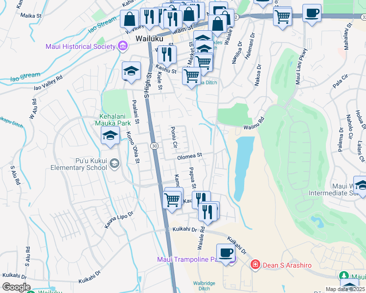 map of restaurants, bars, coffee shops, grocery stores, and more near 192 Poniu Circle in Wailuku