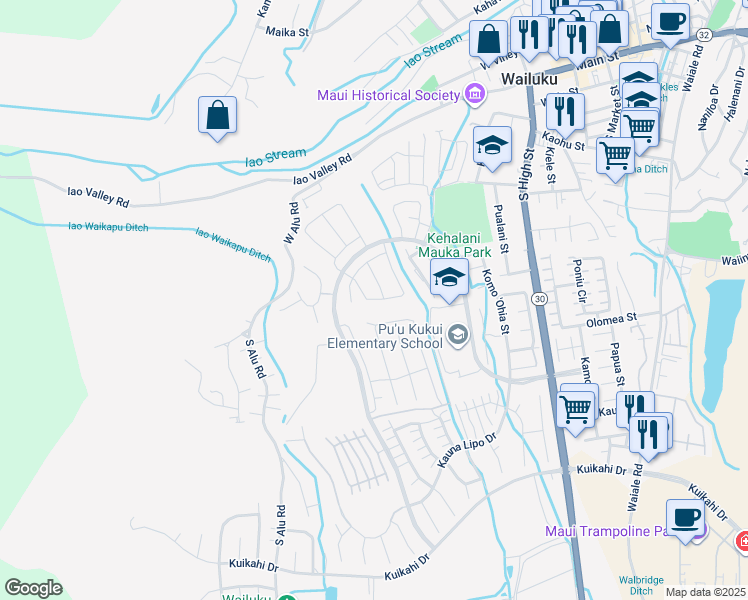 map of restaurants, bars, coffee shops, grocery stores, and more near 109 Lili Lehua Street in Wailuku