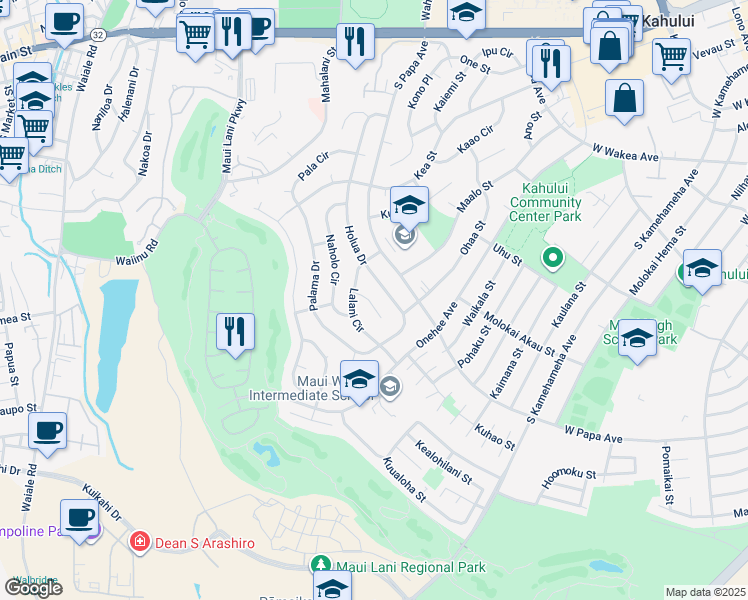 map of restaurants, bars, coffee shops, grocery stores, and more near 421 Puolo Place in Kahului