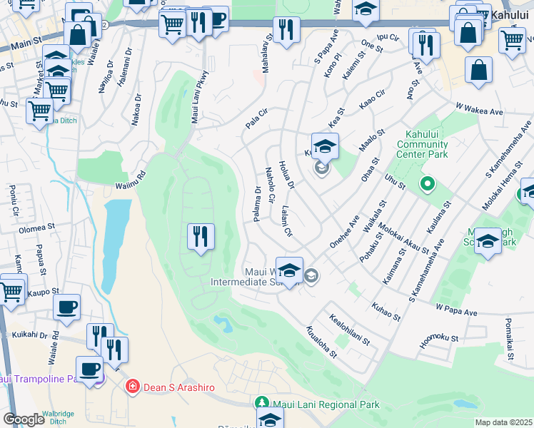 map of restaurants, bars, coffee shops, grocery stores, and more near 410 Naholo Circle in Kahului