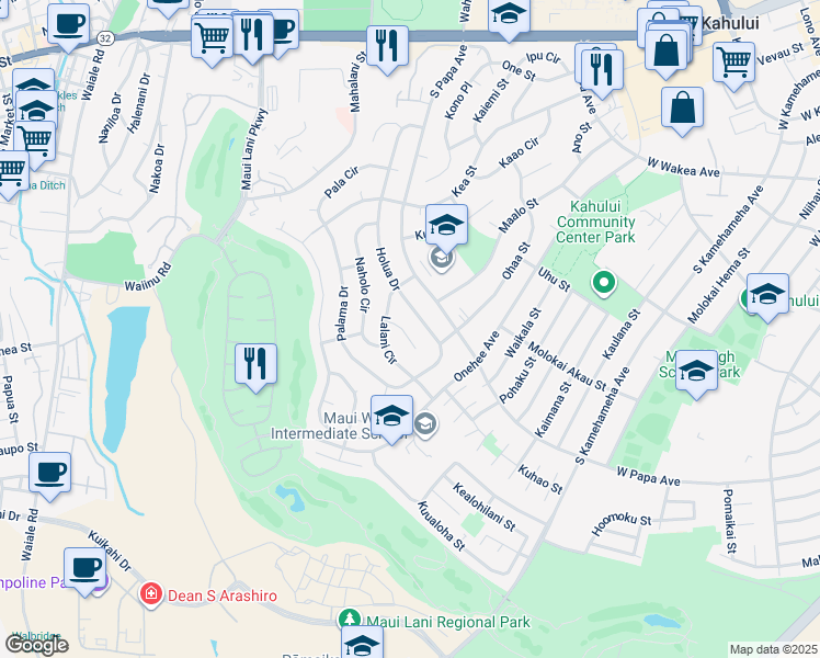 map of restaurants, bars, coffee shops, grocery stores, and more near 421 Puolo Place in Kahului