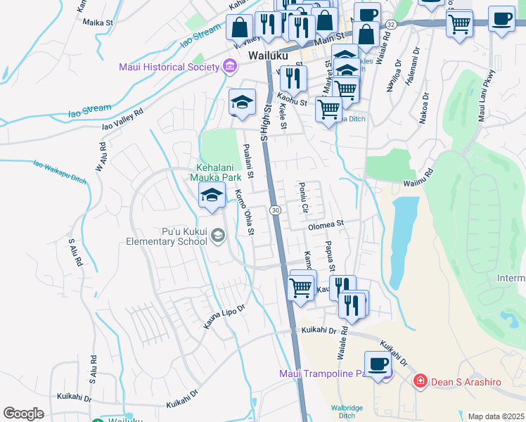 map of restaurants, bars, coffee shops, grocery stores, and more near 91 Kumulaau Ohia Loop in Wailuku