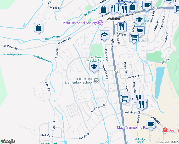 map of restaurants, bars, coffee shops, grocery stores, and more near 129 Hoowaiwai Loop in Wailuku