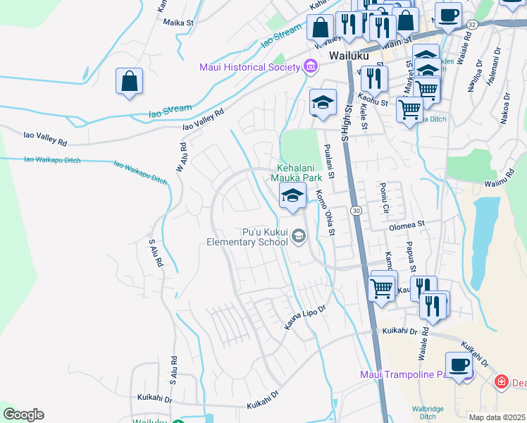 map of restaurants, bars, coffee shops, grocery stores, and more near 83 Ka ʻIkena Loop in Wailuku