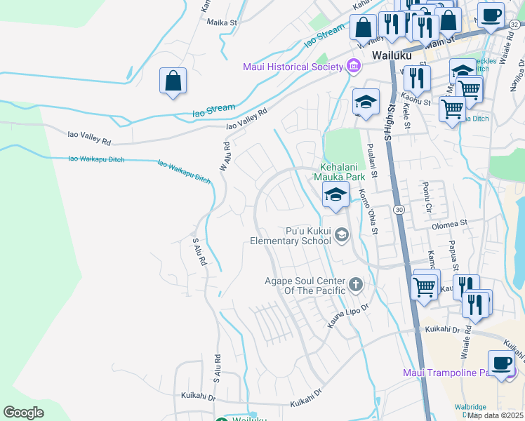 map of restaurants, bars, coffee shops, grocery stores, and more near 66 la iki street in Wailuku