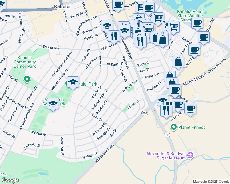 map of restaurants, bars, coffee shops, grocery stores, and more near 135 South Lehua Street in Kahului