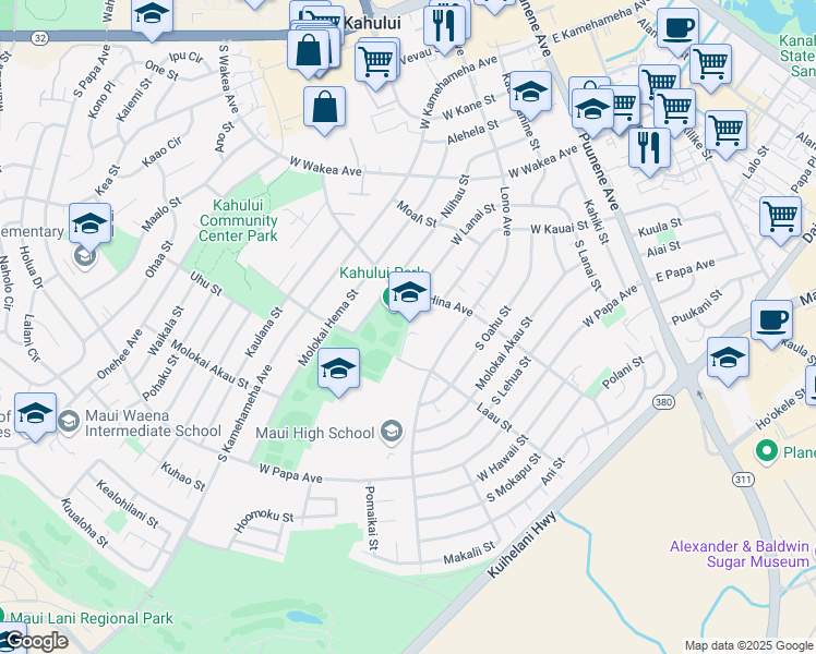 map of restaurants, bars, coffee shops, grocery stores, and more near 410 Hina Avenue in Kahului