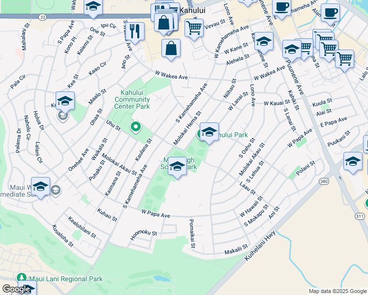 map of restaurants, bars, coffee shops, grocery stores, and more near 380 Niihau Street in Kahului