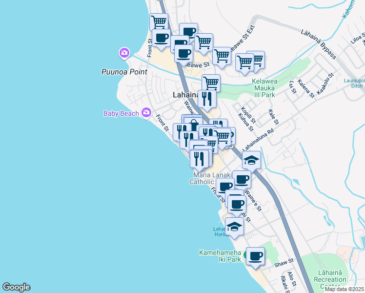 map of restaurants, bars, coffee shops, grocery stores, and more near in Lahaina