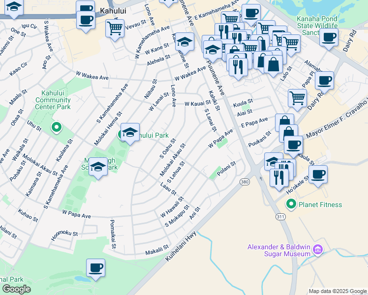 map of restaurants, bars, coffee shops, grocery stores, and more near 175 Molokai Akau Street in Kahului