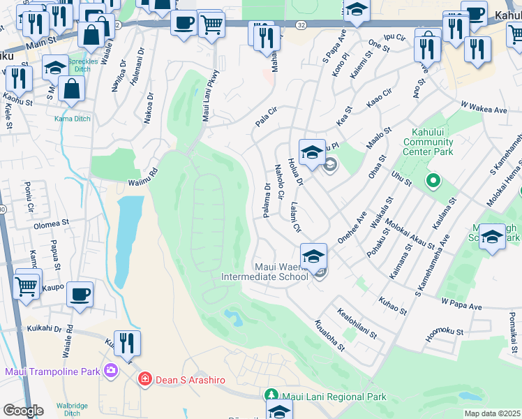 map of restaurants, bars, coffee shops, grocery stores, and more near 400 Palama Drive in Kahului