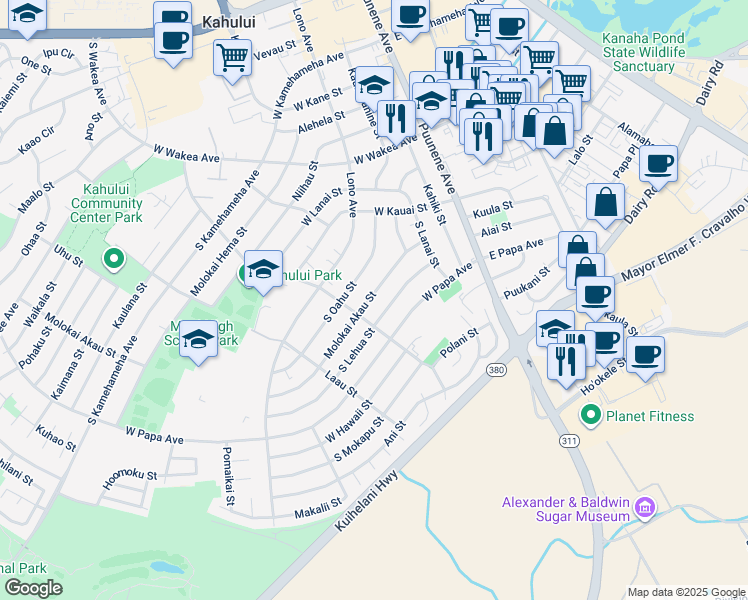 map of restaurants, bars, coffee shops, grocery stores, and more near 175 Molokai Akau Street in Kahului