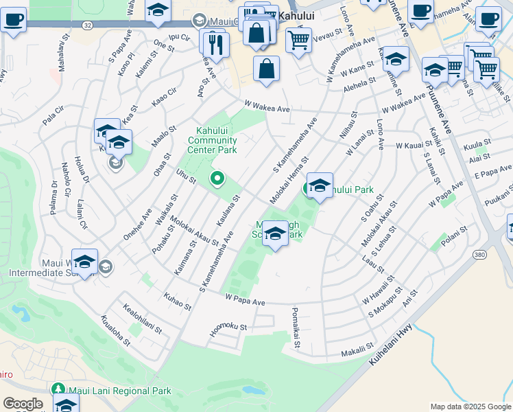 map of restaurants, bars, coffee shops, grocery stores, and more near 477 South Kamehameha Avenue in Kahului