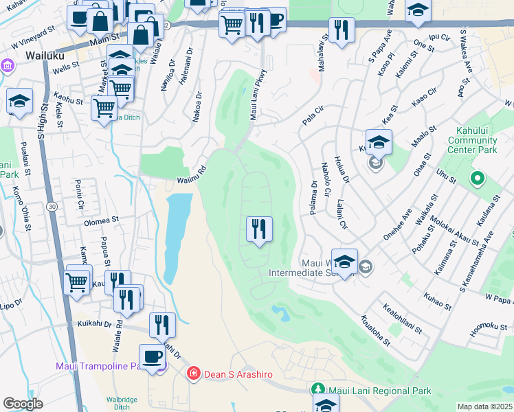 map of restaurants, bars, coffee shops, grocery stores, and more near 27 Lanipo Place in Kahului