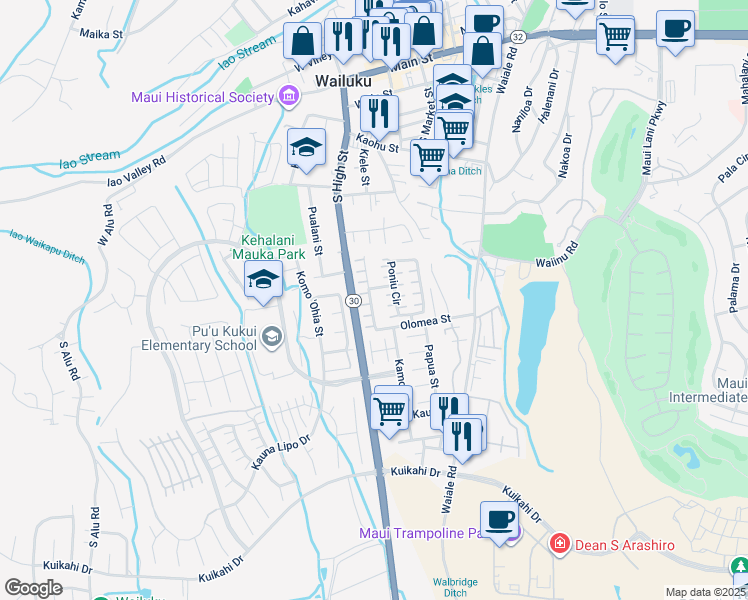 map of restaurants, bars, coffee shops, grocery stores, and more near 581 Akolea Street in Wailuku