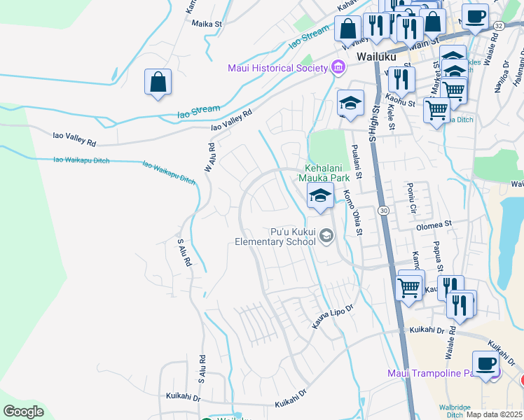 map of restaurants, bars, coffee shops, grocery stores, and more near 73 Hoolaau Street in Wailuku