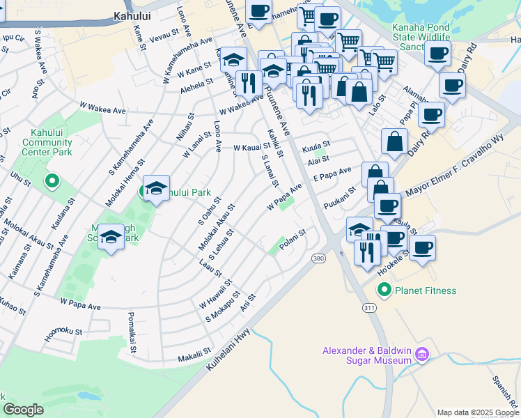 map of restaurants, bars, coffee shops, grocery stores, and more near 112 West Papa Avenue in Kahului