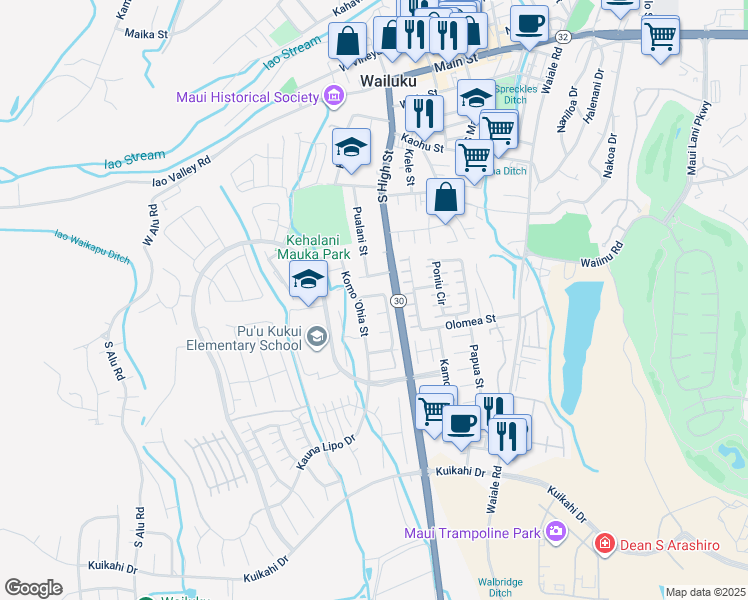 map of restaurants, bars, coffee shops, grocery stores, and more near 115 Kumulaau Ohia Loop in Wailuku