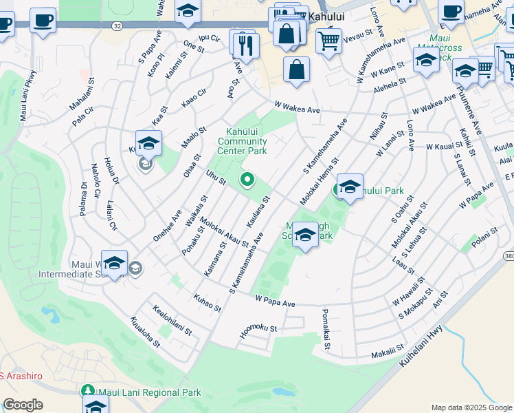 map of restaurants, bars, coffee shops, grocery stores, and more near 504 Kaulana Street in Kahului