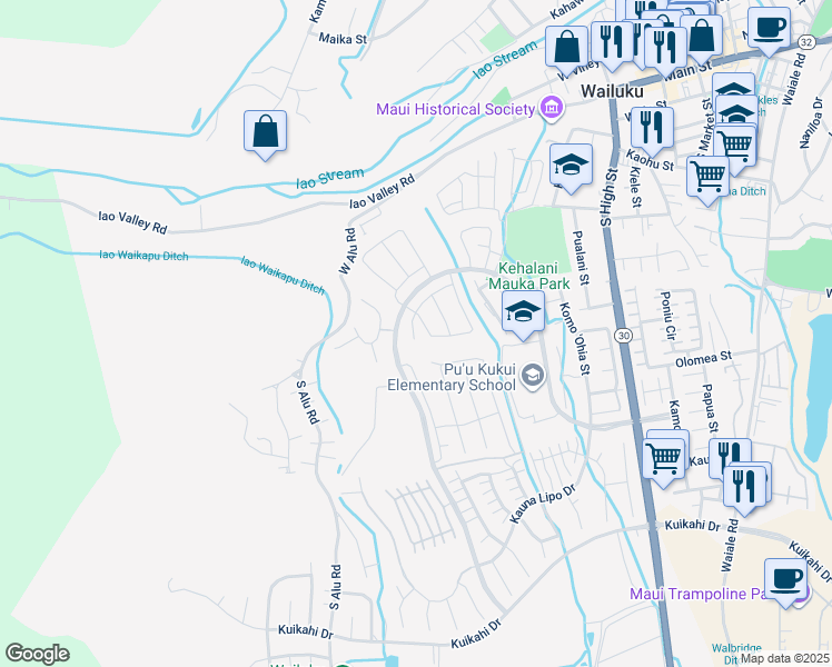 map of restaurants, bars, coffee shops, grocery stores, and more near 255 Kili'o'opu Street in Wailuku