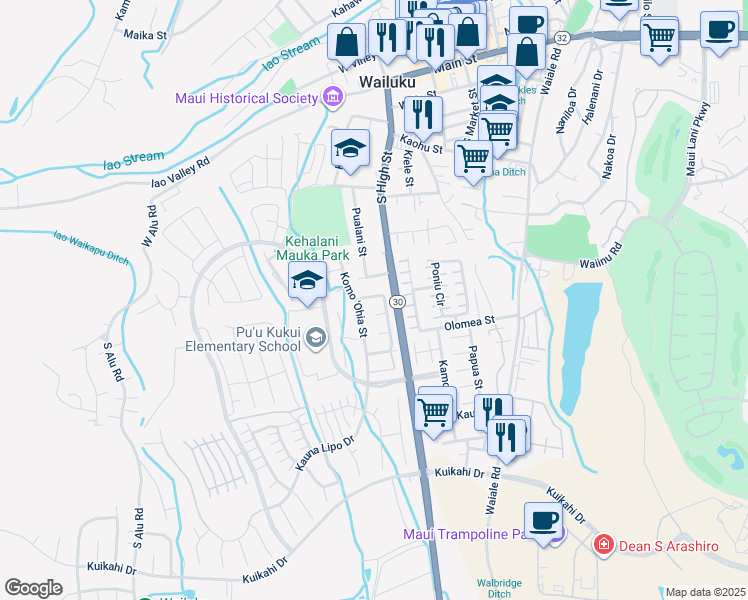 map of restaurants, bars, coffee shops, grocery stores, and more near 115 Kumulaau Ohia Loop in Wailuku