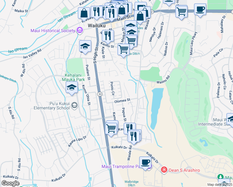 map of restaurants, bars, coffee shops, grocery stores, and more near 42 Poniu Circle in Wailuku