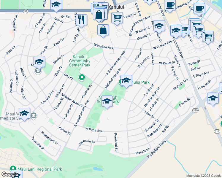 map of restaurants, bars, coffee shops, grocery stores, and more near 380 Niihau Street in Kahului
