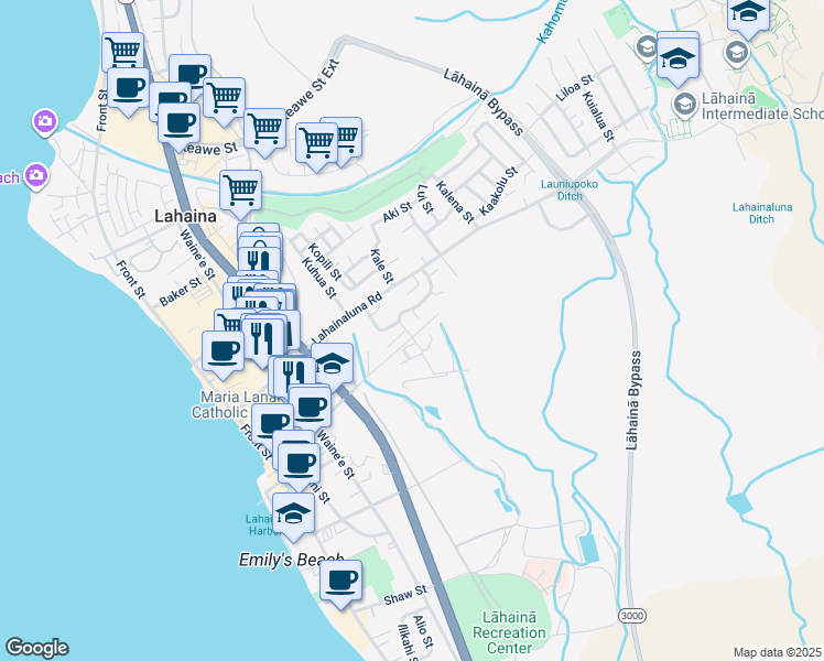 map of restaurants, bars, coffee shops, grocery stores, and more near 730 Paunau Street in Lahaina