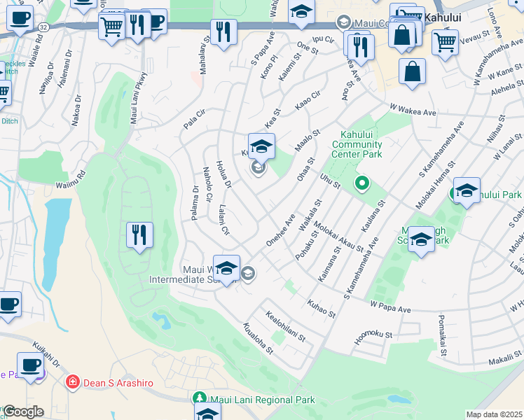 map of restaurants, bars, coffee shops, grocery stores, and more near 418 South Papa Avenue in Kahului