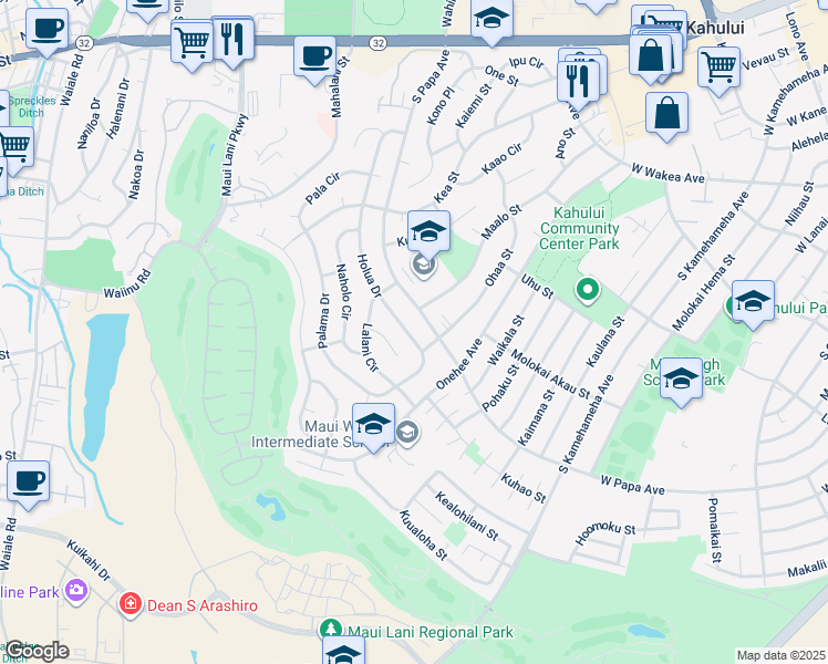 map of restaurants, bars, coffee shops, grocery stores, and more near 431 Holua Drive in Kahului