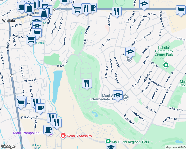 map of restaurants, bars, coffee shops, grocery stores, and more near 109 Kamalei Circle in Kahului