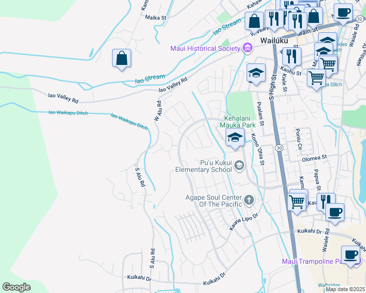 map of restaurants, bars, coffee shops, grocery stores, and more near 62 la iki street in Wailuku