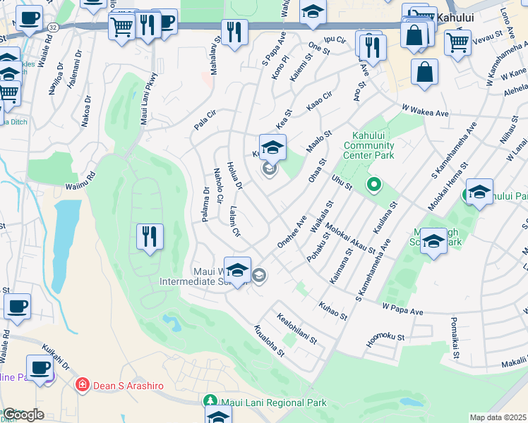 map of restaurants, bars, coffee shops, grocery stores, and more near 431 Holua Drive in Kahului