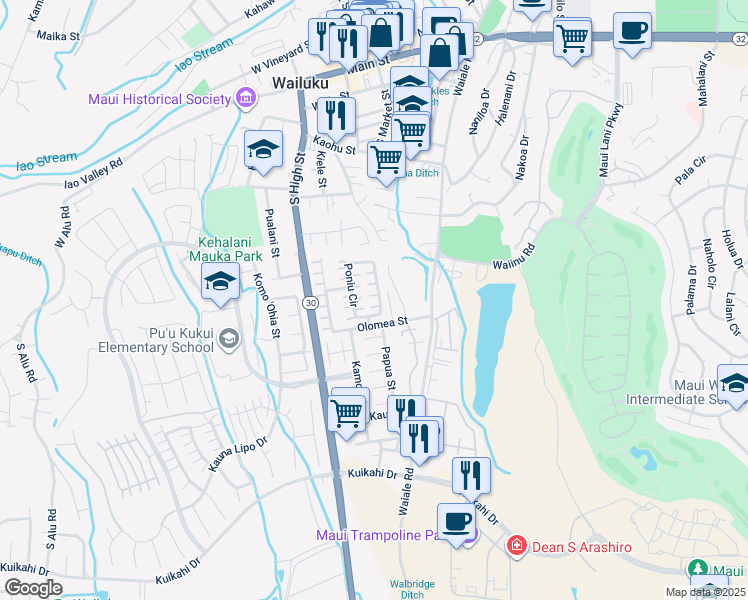 map of restaurants, bars, coffee shops, grocery stores, and more near 184 Poniu Circle in Wailuku