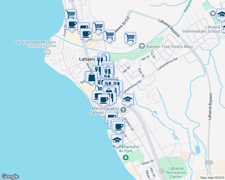 map of restaurants, bars, coffee shops, grocery stores, and more near 142 Honoapiilani Highway in Lahaina