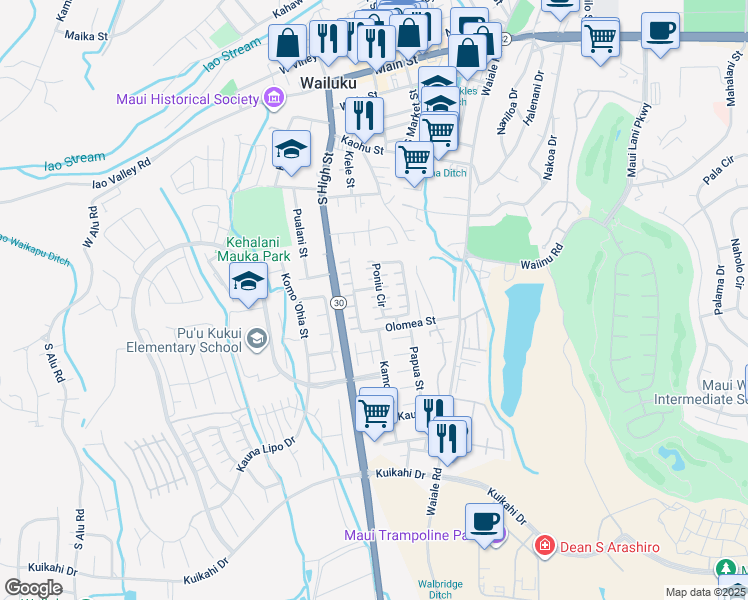 map of restaurants, bars, coffee shops, grocery stores, and more near 45 Poniu Circle in Wailuku