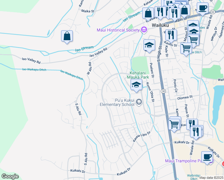 map of restaurants, bars, coffee shops, grocery stores, and more near 132 Ka ʻIkena Loop in Wailuku