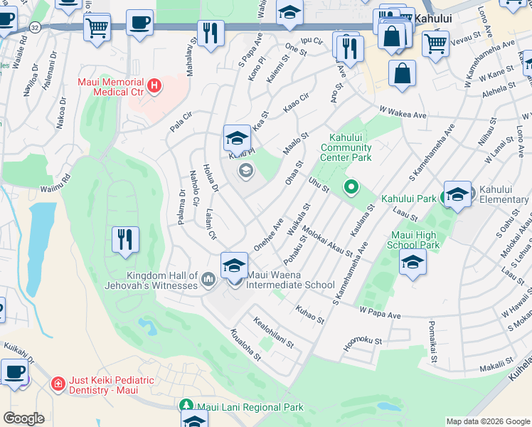 map of restaurants, bars, coffee shops, grocery stores, and more near 357 Ohaa Street in Kahului