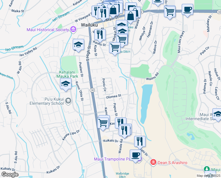map of restaurants, bars, coffee shops, grocery stores, and more near 182 Poniu Circle in Wailuku