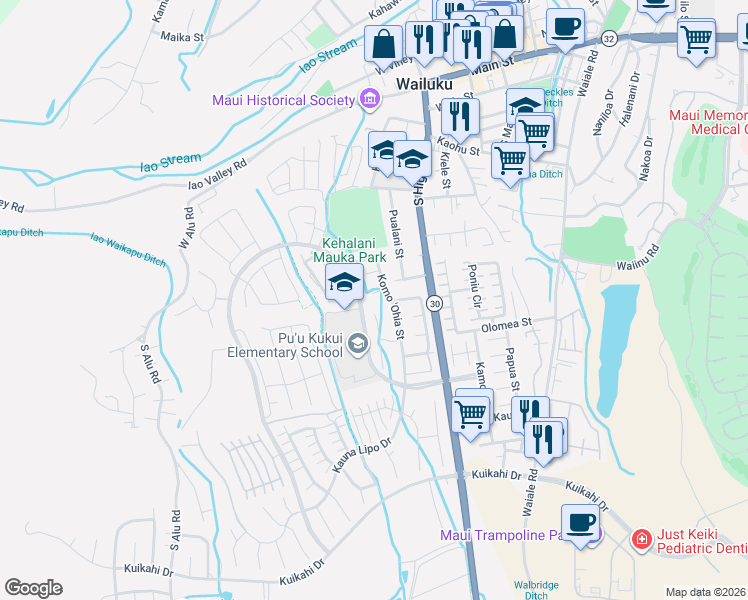map of restaurants, bars, coffee shops, grocery stores, and more near 15 Ohia Leo Place in Wailuku