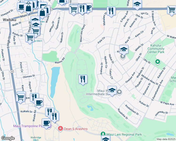 map of restaurants, bars, coffee shops, grocery stores, and more near 109 Kamalei Circle in Kahului