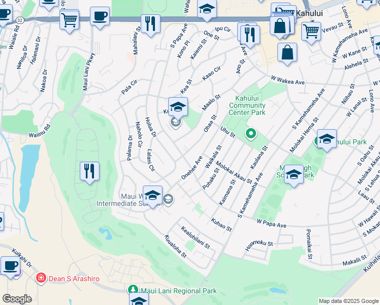 map of restaurants, bars, coffee shops, grocery stores, and more near 357 Ohaa Street in Kahului